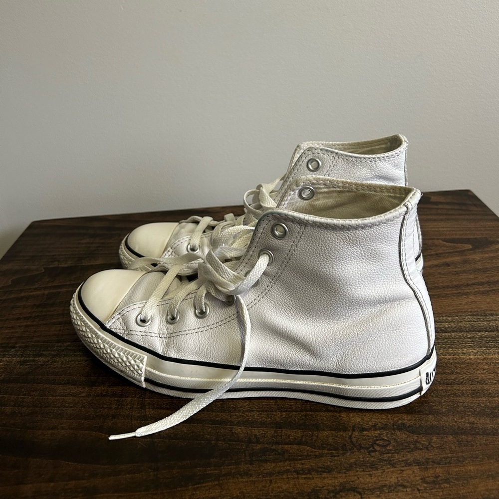 Converse White Leather High-Top Sneakers, Size 8.